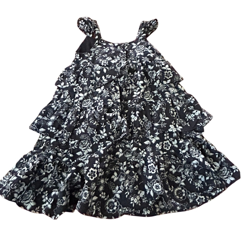 Girls Navy Blue White Floral Tiered Ruffle Sleeveless Dress A-Line Lined
